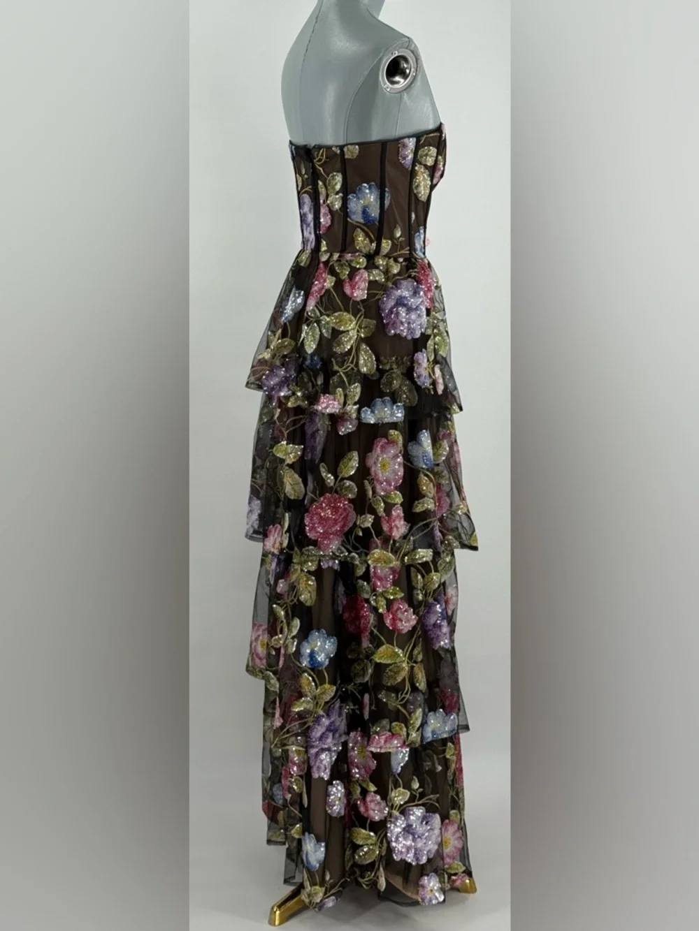 🆕 DRESS THE POPULATION 🧿 NWT Layana Strapless Tiered Floral Sequin Gown - Sz M
